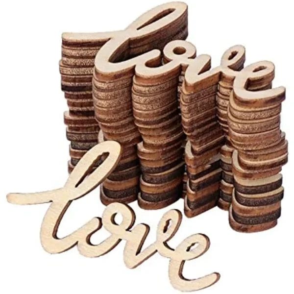 Stack of wooden "Love" cutouts; perfect for wedding or Valentine's Day crafts.