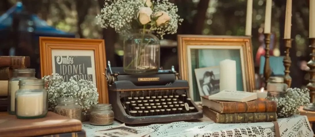 Vintage typewriter, books, candles, and flowers create a charming graduation party tablescape. 