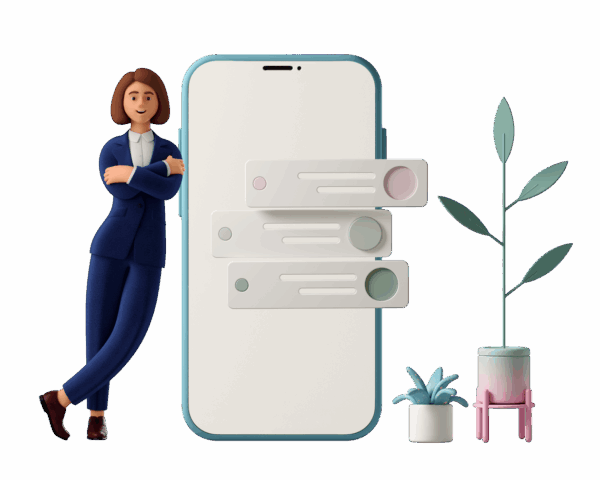 3D illustration: Businesswoman stands beside smartphone displaying notifications.
