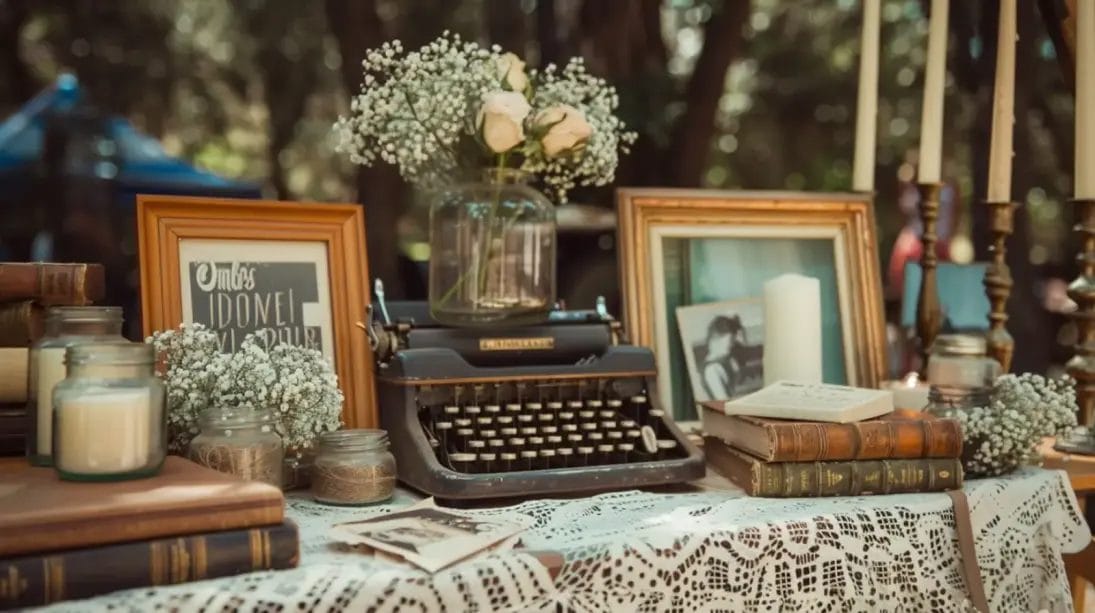 Vintage typewriter, books, candles, and flowers create a charming graduation party tablescape. "Ombos Idonei Vi Pour" is visible on a framed sign.